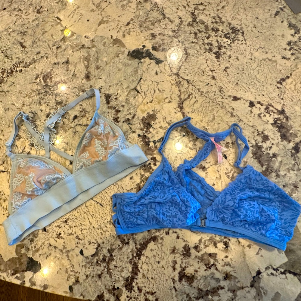 Lot of Two Pink by Victoria's Secret Blue Lace Bralettes. Both Size Large.